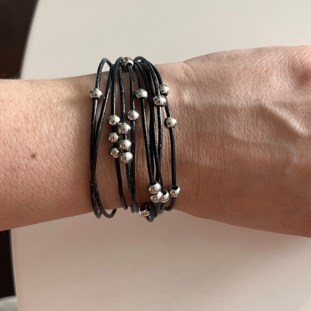 Costume Bracelet black faux leather straps with silver beads magnetic close